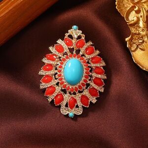 Vibrant Oval Red Beaded Cabochon Dazzling Brooch Gold Tone Statement Royal